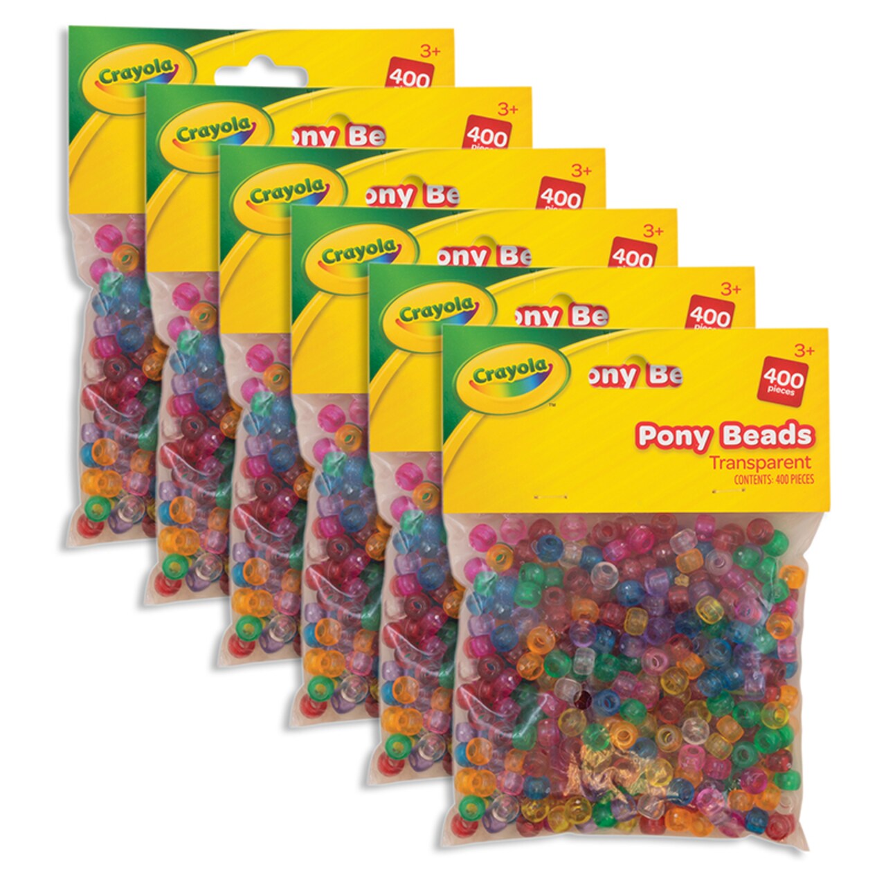 Pony Beads, Assorted Transparent Colors, 400 Pieces Per Pack, 6 Packs